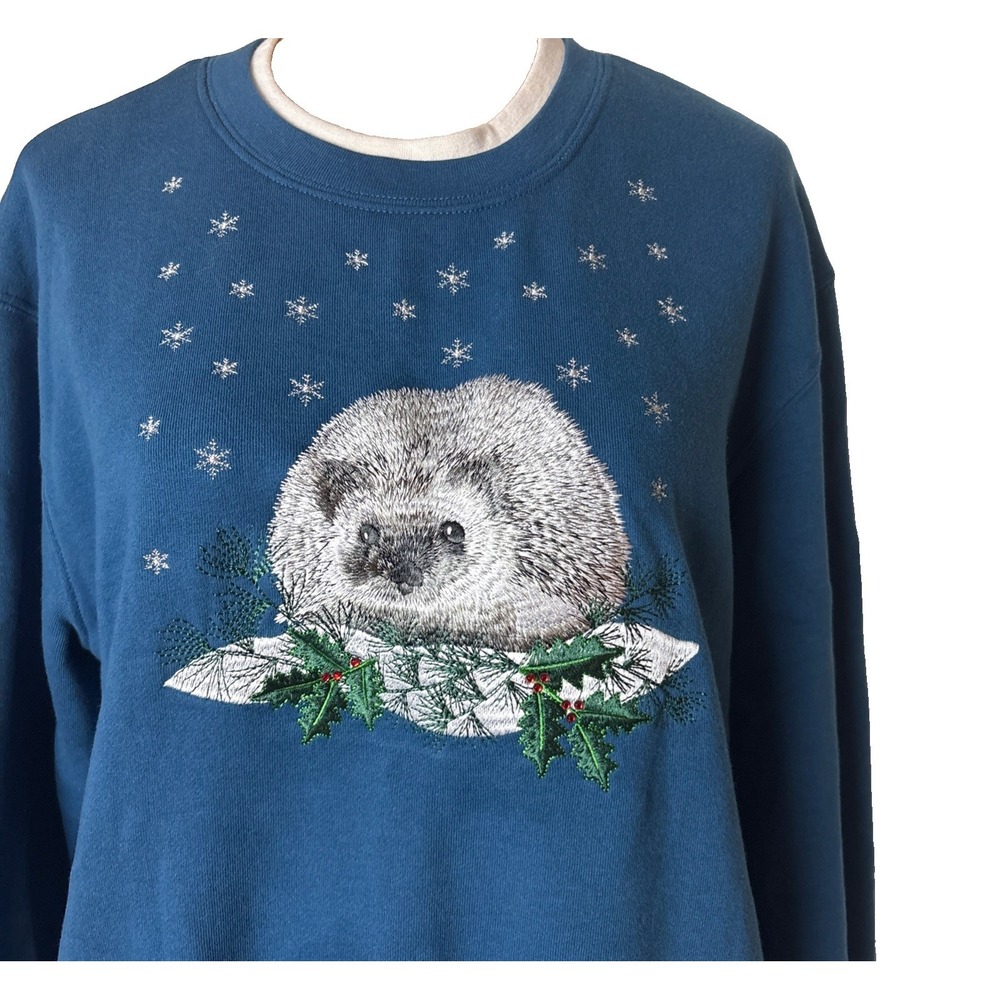 Hedgehog Snow Pullover Fleece Grannycore Embroidery Womens M Sweatshirt Holly